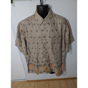 UN TIED Men's Large Textured Cotton Button Up Shirt Pineapple Border Print 90s